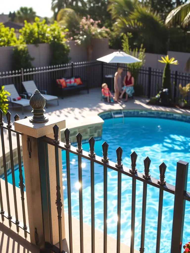 A decorative aluminum fence surrounding a pool area, showcasing its elegant design and safety features in a sunny, family-friendly environment.