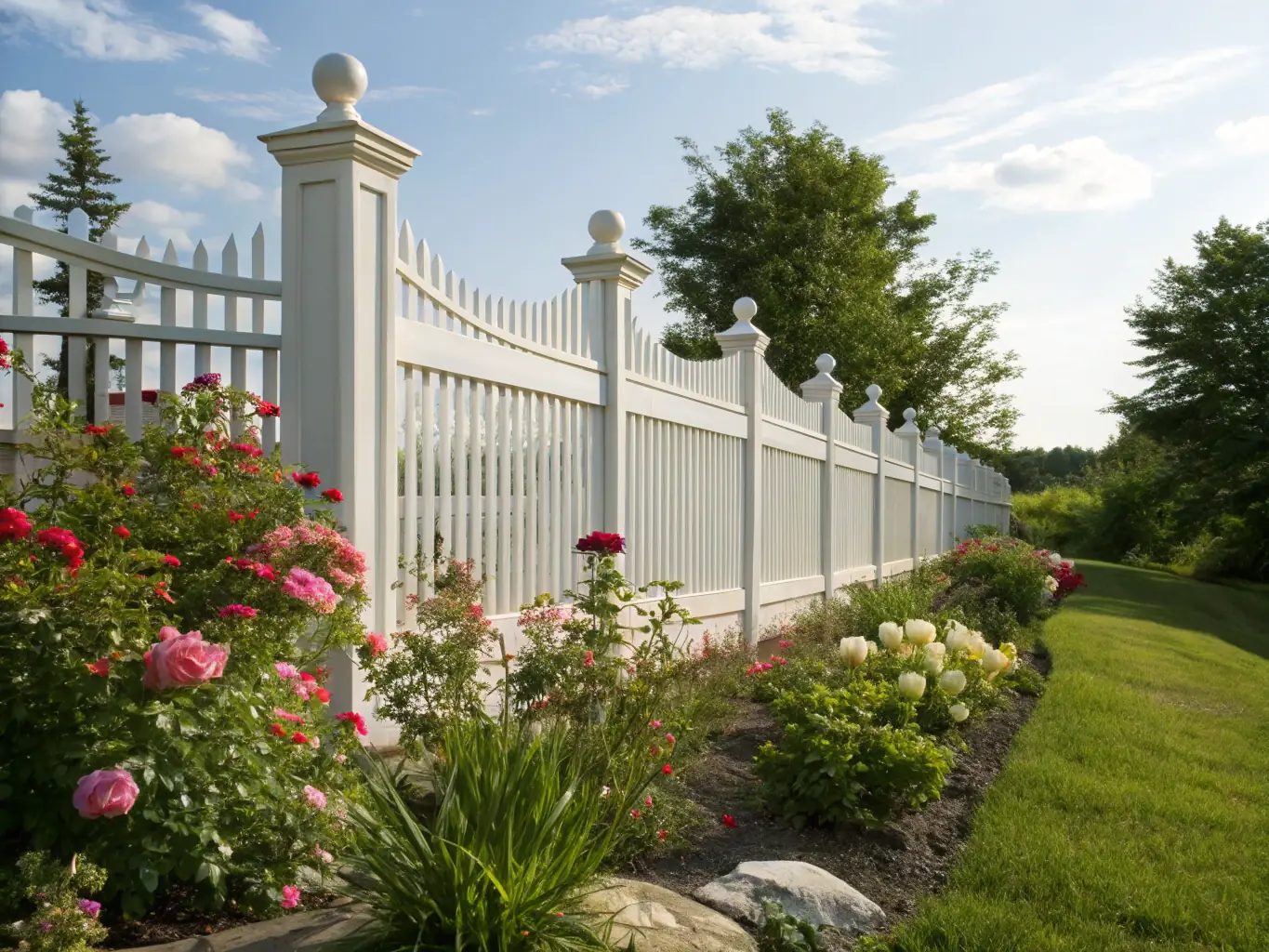 A pristine white vinyl fence enclosing a garden, highlighting its low-maintenance and clean appearance.