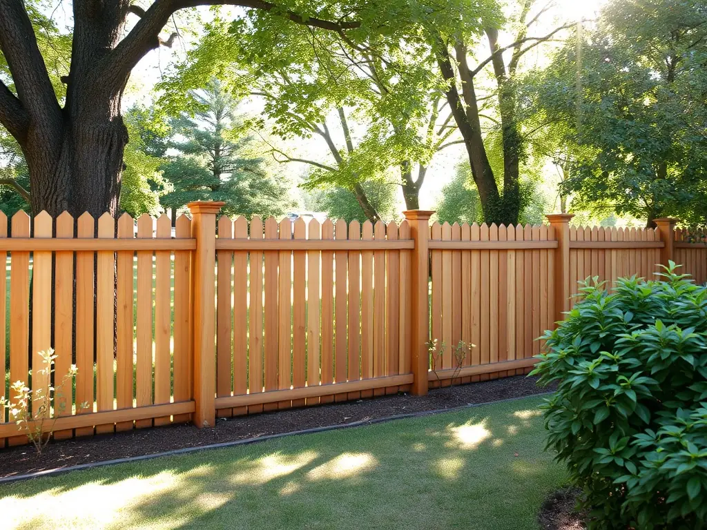 A professionally installed wooden fence surrounding a backyard, showcasing its natural beauty and providing privacy.