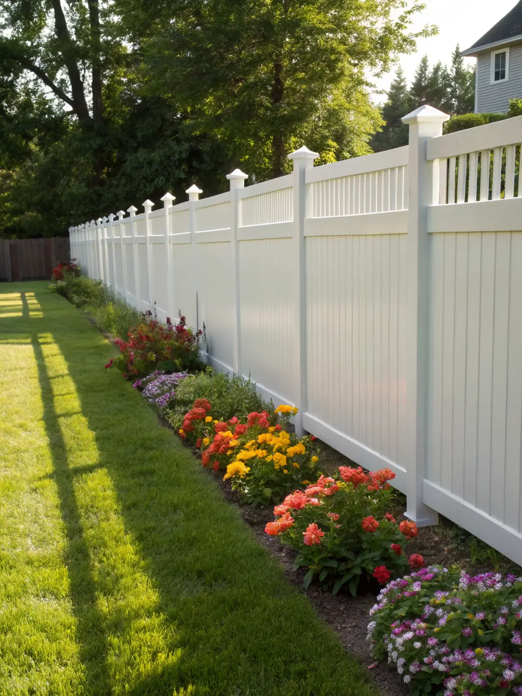 A pristine white vinyl fence surrounding a well-manicured lawn, showcasing its clean lines and low-maintenance appeal in a residential setting.