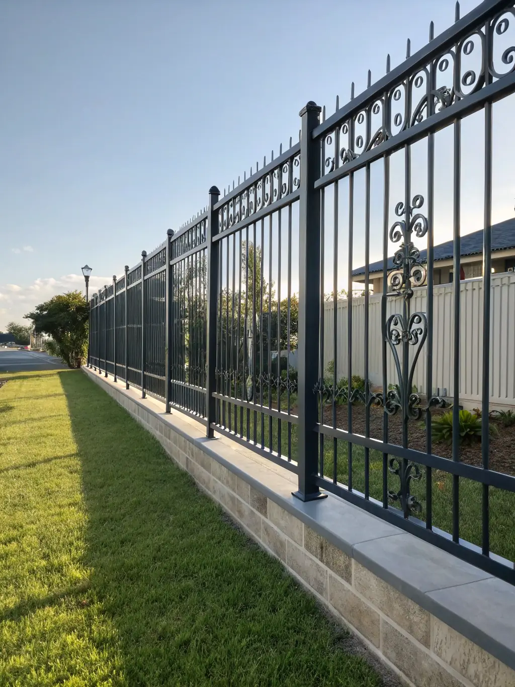 A sleek, modern metal fence surrounding a commercial property, emphasizing its security features and professional appearance in an urban Tampa Bay setting.